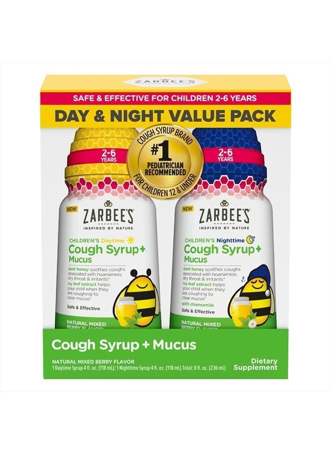 Zarbee's Kids Cough + Mucus Day/Night Value Pack for Children 2-6 with Dark Honey, Ivy Leaf, Zinc & Elderberry, 1 Pediatrician Recommended, Mixed Berry Flavor, 2x4FL Oz - Image 3